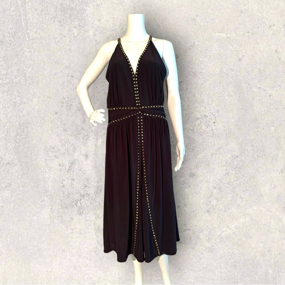 White House Black Market Black Studded Halter Style MIDI Dress Size 12
